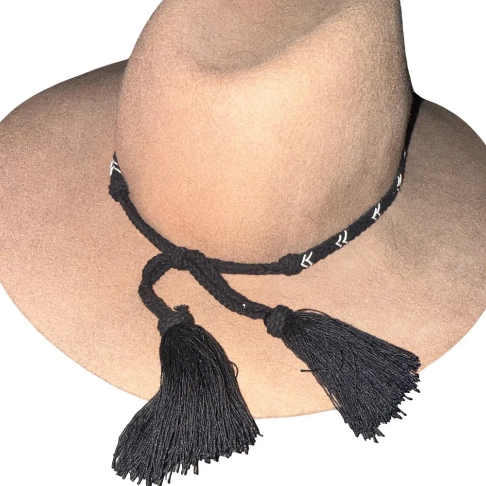 American Eagle Tan Wool Wide Brim Fedora Hat with Black Tassel Braided Band O/S